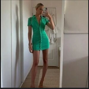 WITH JEAN Green Terrycloth Button Front Ruched Mini Shirt Dress Size L